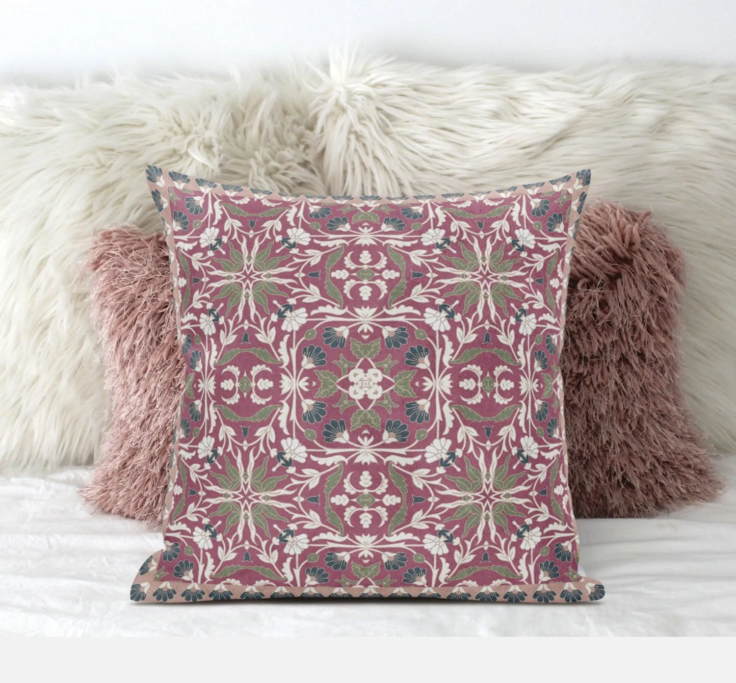 16” Magenta White Paisley Zippered Suede Throw Pillow