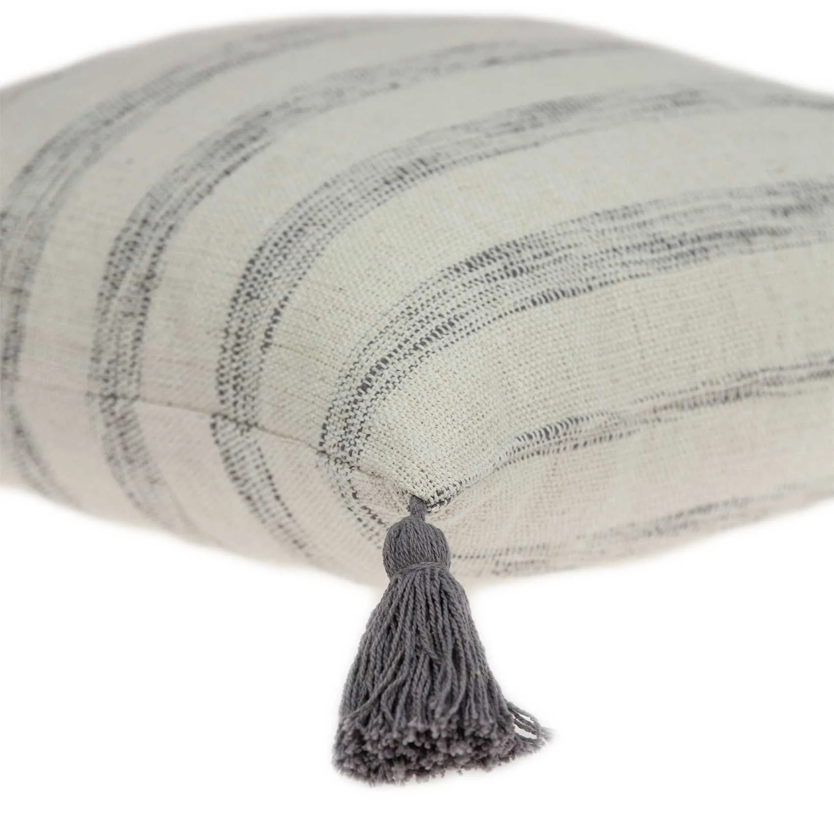 18" x 7" x 18" Beige Printed Striped Tassel Pillow Cover With Down Insert