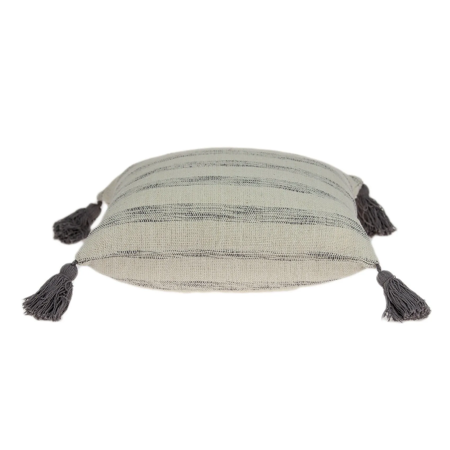 18" x 7" x 18" Beige Printed Striped Tassel Pillow Cover With Down Insert