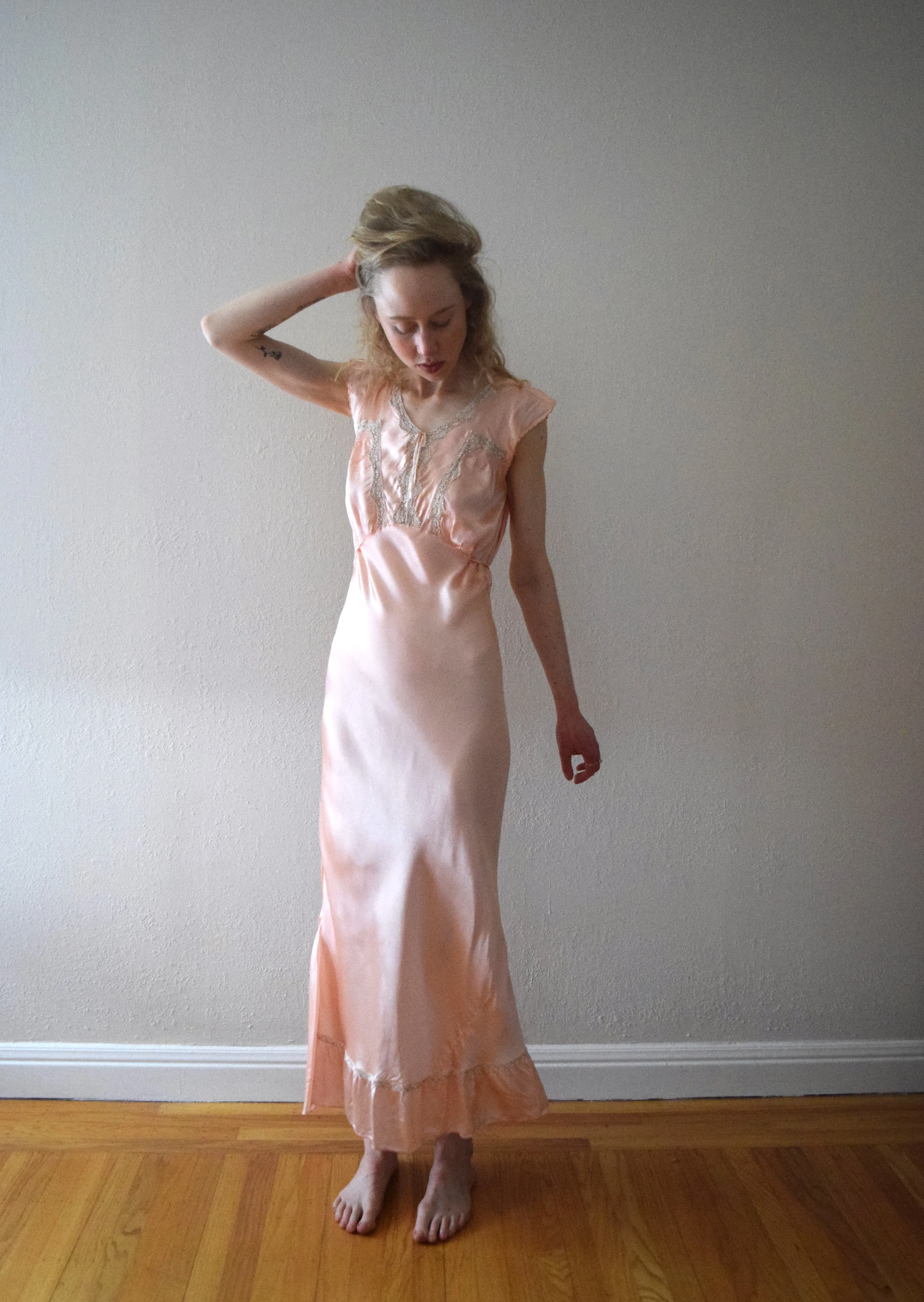 1930s 1940s pink satin slip dress . lace trim nightgown . size small to m/l