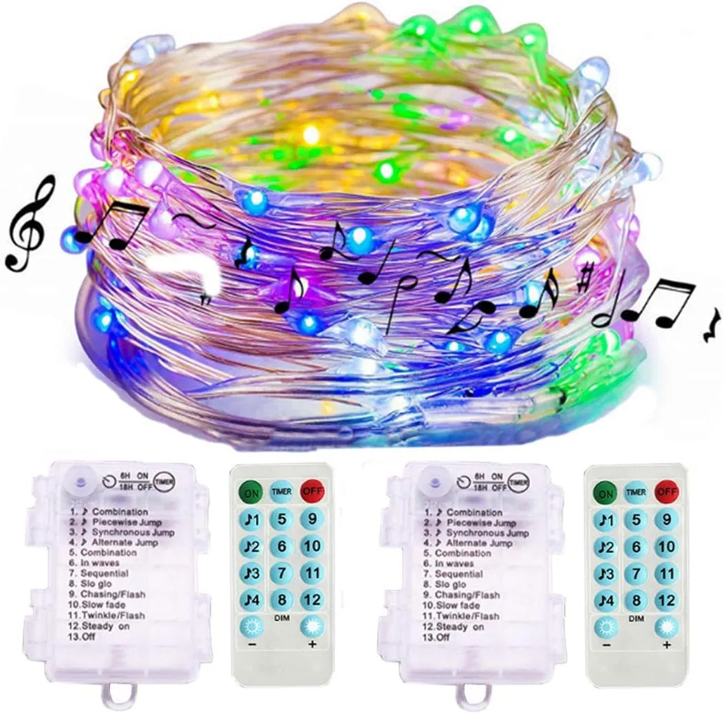 2 Pack  Sound Activated Music String Lights | 32.8ft 100LEDs 12 Modes | Waterproof Multicolor | Battery Powered | Remote Control