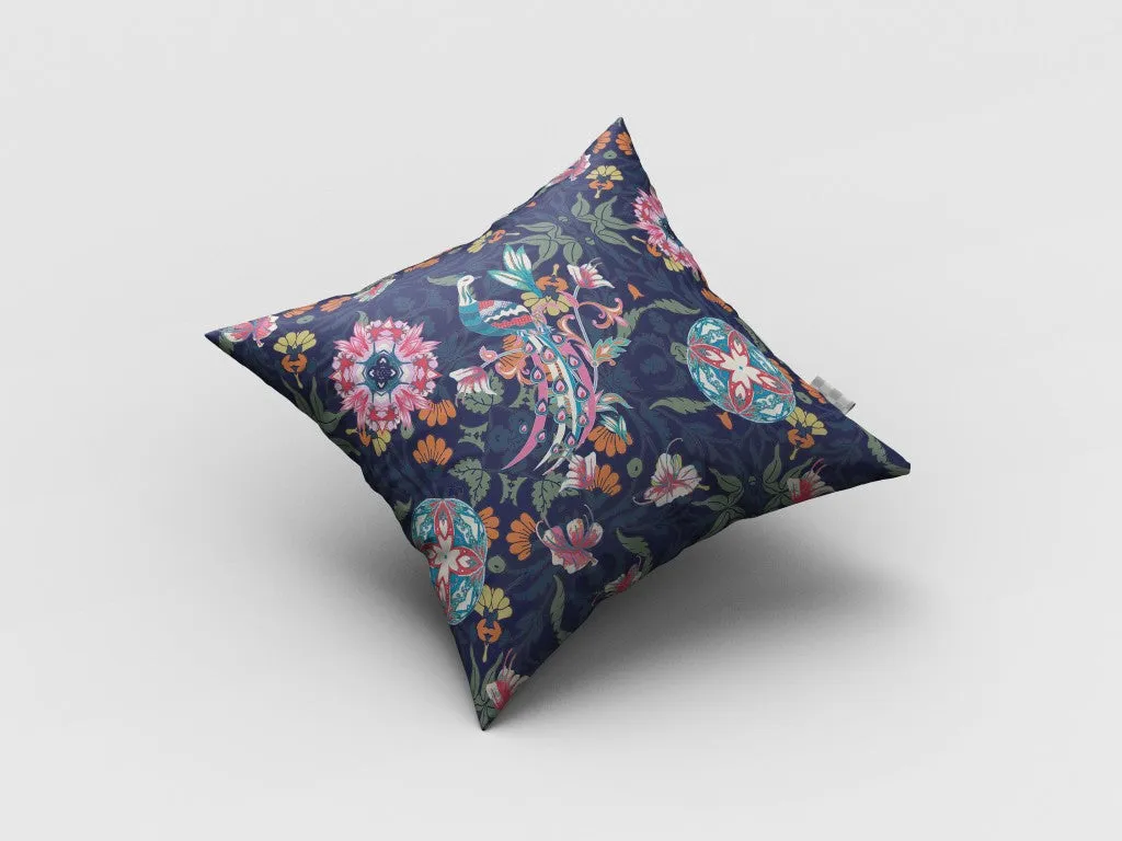 20" Navy Pink Peacock Suede Throw Pillow