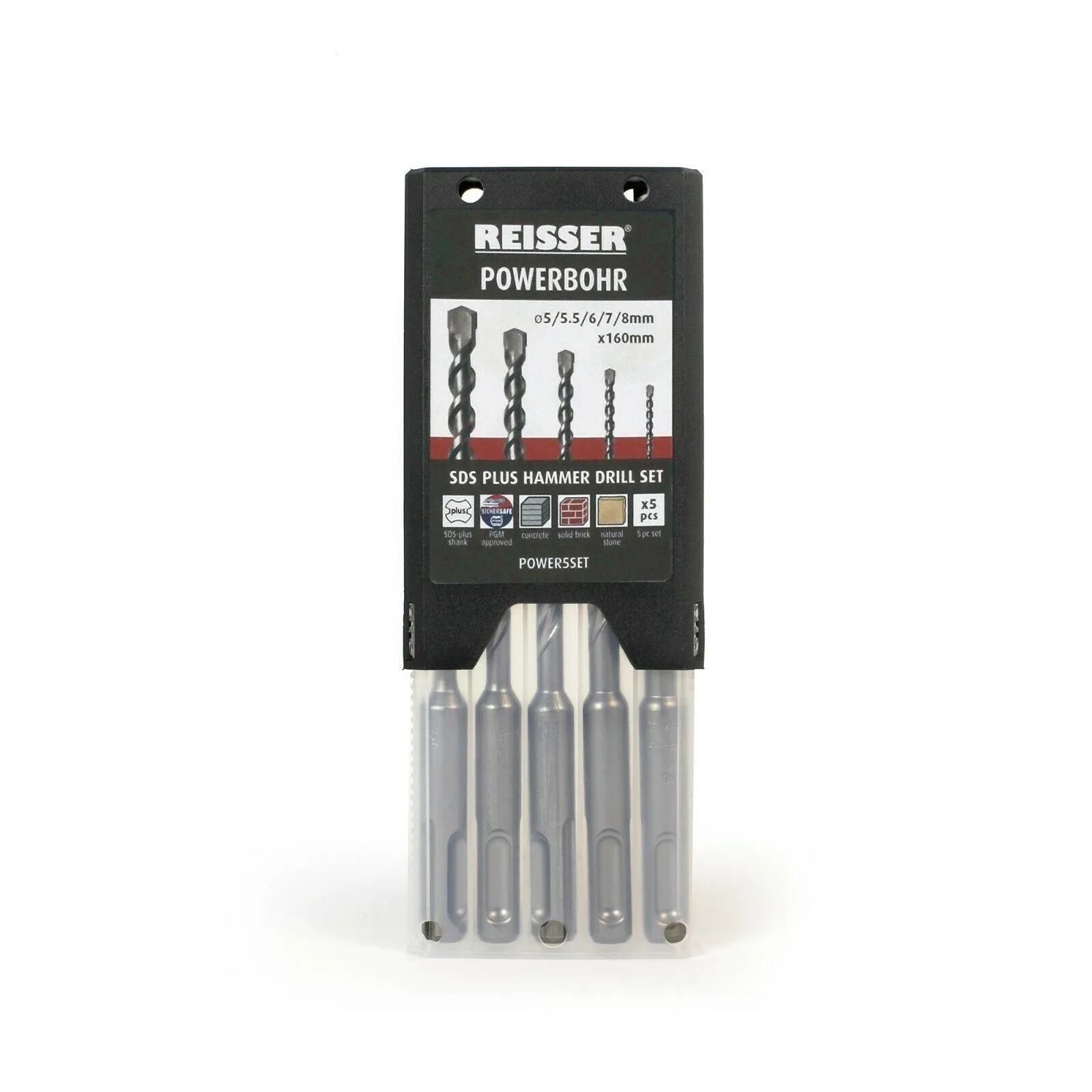5pc. SDS-Plus Hammer Drill Bit Powerbohr Set (160mm length, 5 to 8mm Diameter)