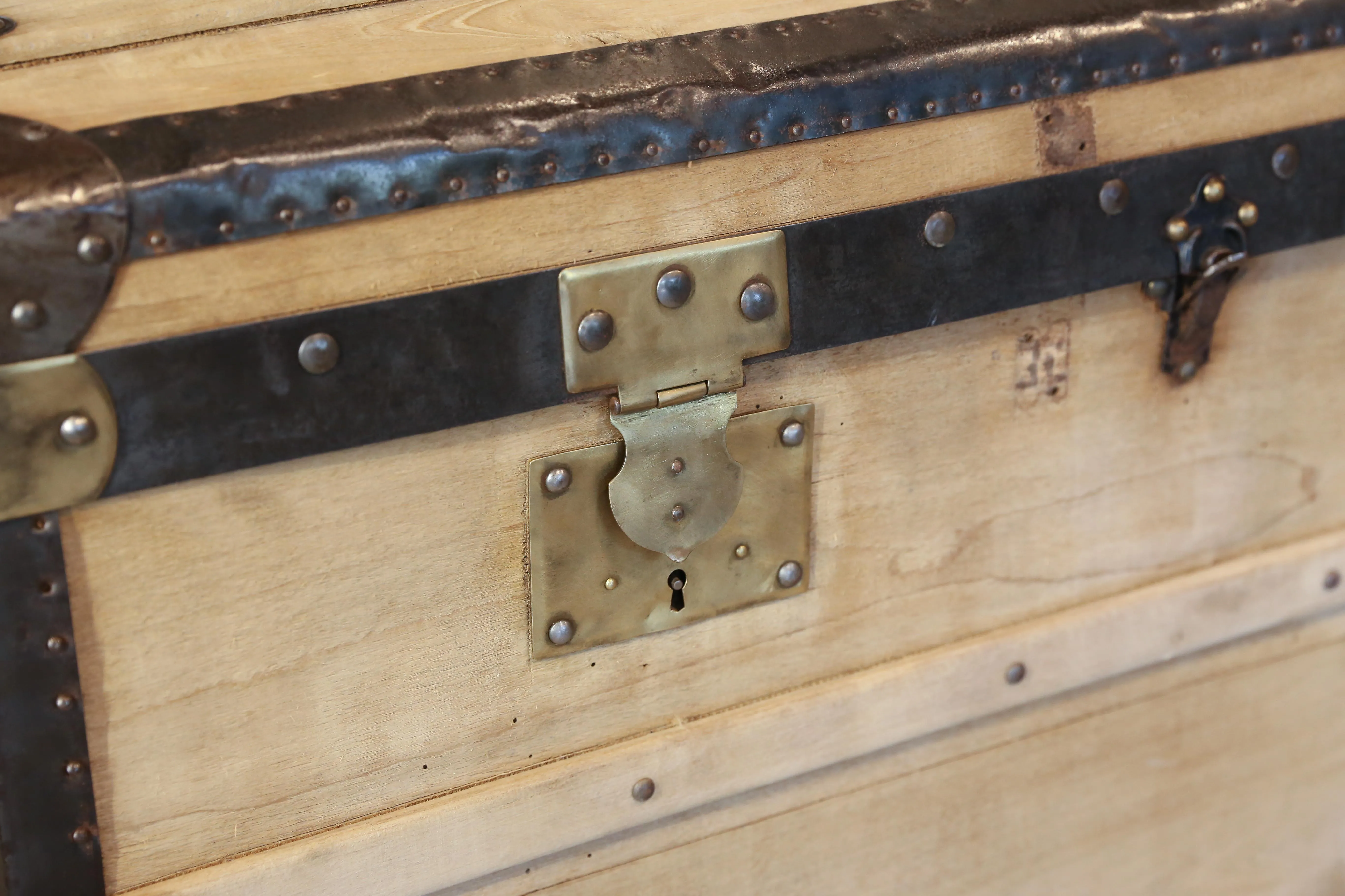 Antique French Wood and Iron Dome Top Trunk, circa 1900
