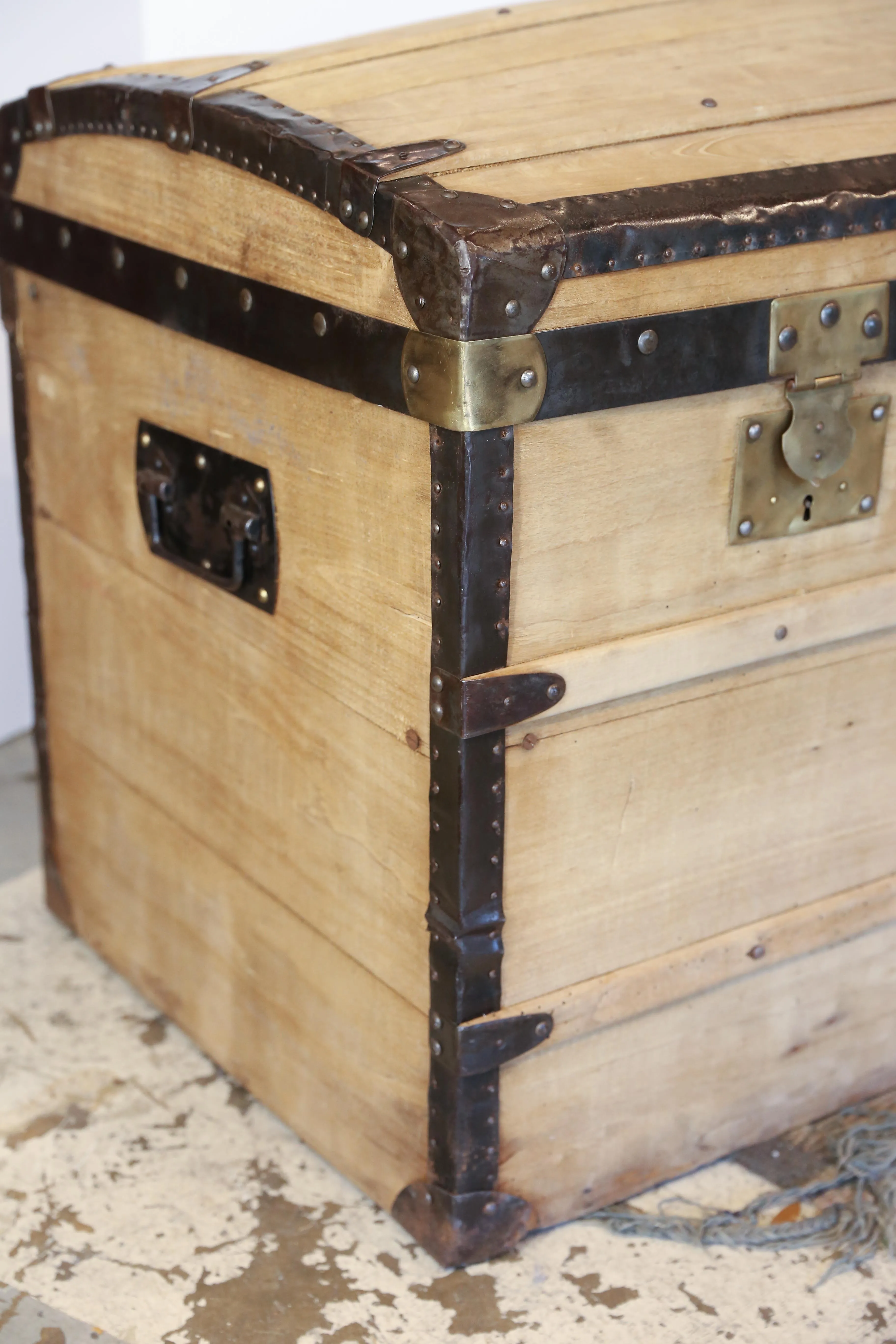 Antique French Wood and Iron Dome Top Trunk, circa 1900