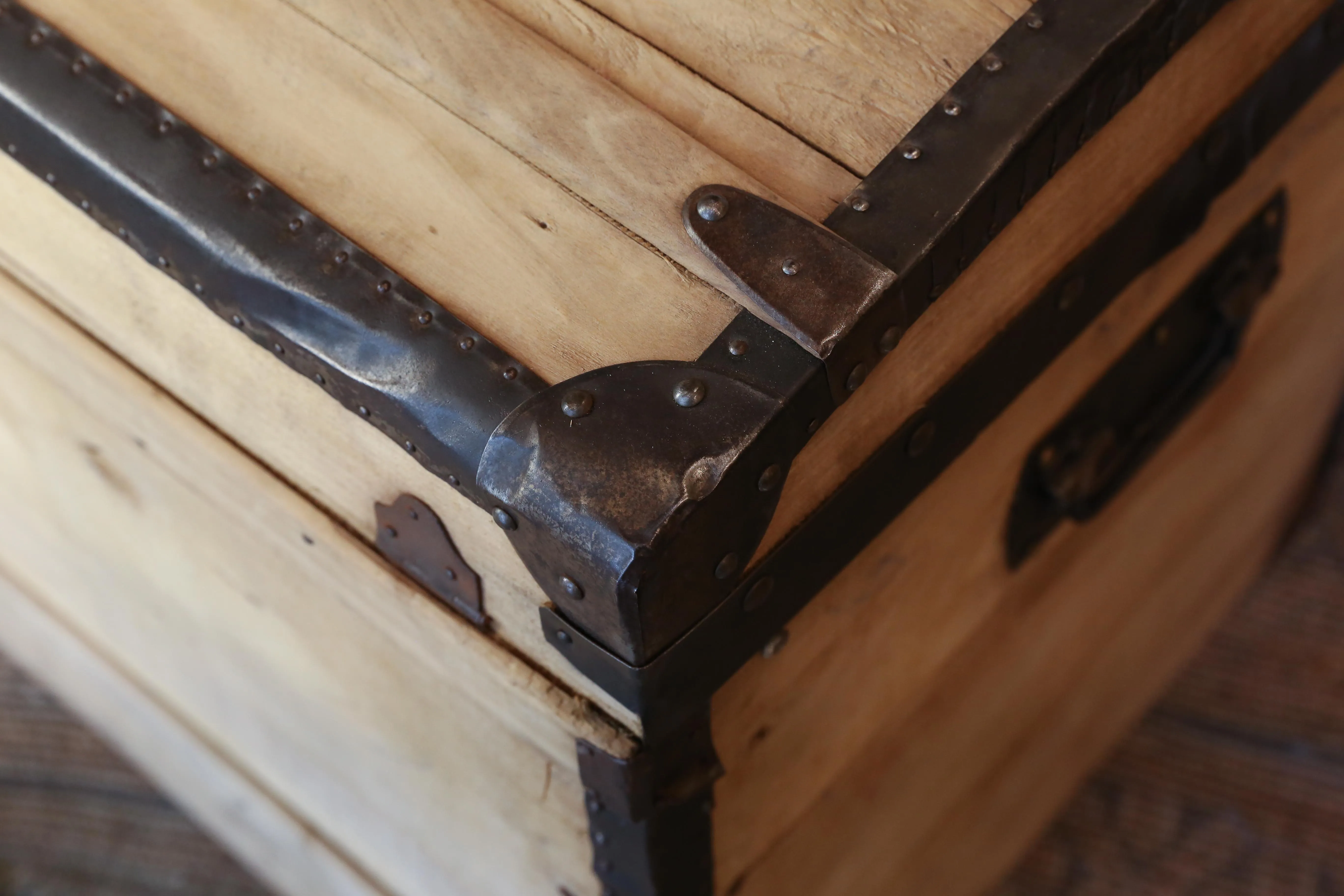 Antique French Wood and Iron Dome Top Trunk, circa 1900