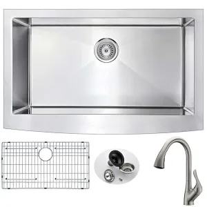 Anzzi ELYSIAN Farmhouse Stainless Steel 32 in. 0-Hole Kitchen Sink and Faucet Set with Accent Faucet in Brushed Nickel