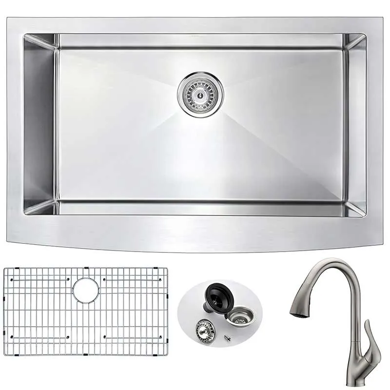 Anzzi ELYSIAN Farmhouse Stainless Steel 32 in. 0-Hole Kitchen Sink and Faucet Set with Accent Faucet in Brushed Nickel