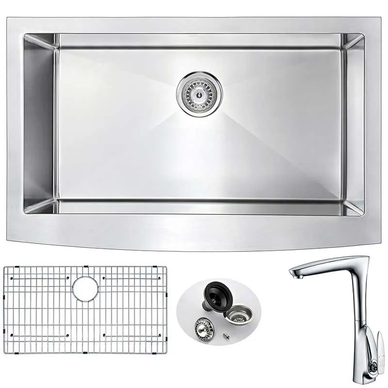 Anzzi ELYSIAN Farmhouse Stainless Steel 32 in. 0-Hole Kitchen Sink and Faucet Set with Timbre Faucet in Polished Chrome