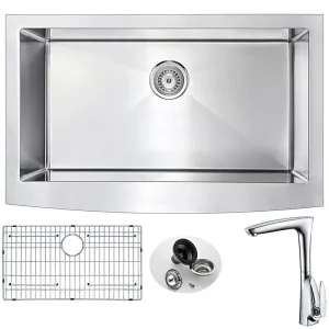 Anzzi ELYSIAN Farmhouse Stainless Steel 32 in. 0-Hole Kitchen Sink and Faucet Set with Timbre Faucet in Polished Chrome