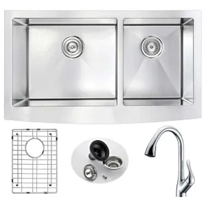 Anzzi ELYSIAN Farmhouse Stainless Steel 33 in. Double Bowl Kitchen Sink and Faucet Set with Accent Faucet in Polished Chrome