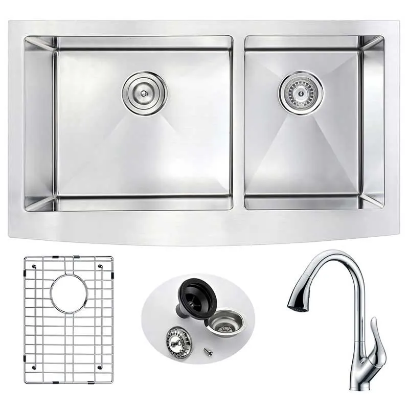 Anzzi ELYSIAN Farmhouse Stainless Steel 33 in. Double Bowl Kitchen Sink and Faucet Set with Accent Faucet in Polished Chrome