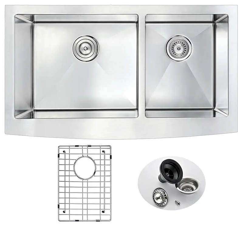 Anzzi ELYSIAN Farmhouse Stainless Steel 33 in. Double Bowl Kitchen Sink and Faucet Set with Accent Faucet in Polished Chrome