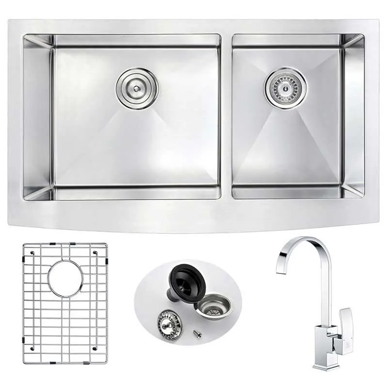 Anzzi ELYSIAN Farmhouse Stainless Steel 33 in. Double Bowl Kitchen Sink and Faucet Set with Opus Faucet in Polished Chrome