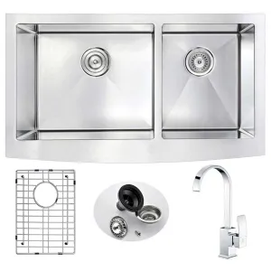 Anzzi ELYSIAN Farmhouse Stainless Steel 33 in. Double Bowl Kitchen Sink and Faucet Set with Opus Faucet in Polished Chrome