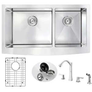 Anzzi ELYSIAN Farmhouse Stainless Steel 33 in. Double Bowl Kitchen Sink and Faucet Set with Soave Faucet in Polished Chrome