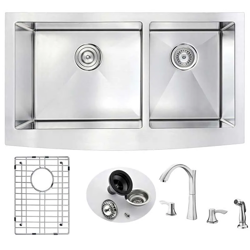 Anzzi ELYSIAN Farmhouse Stainless Steel 33 in. Double Bowl Kitchen Sink and Faucet Set with Soave Faucet in Polished Chrome