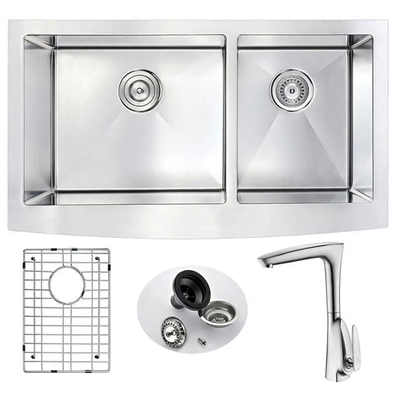 Anzzi ELYSIAN Farmhouse Stainless Steel 33 in. Double Bowl Kitchen Sink and Faucet Set with Timbre Faucet in Brushed Nickel