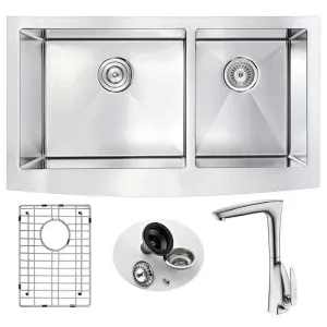 Anzzi ELYSIAN Farmhouse Stainless Steel 33 in. Double Bowl Kitchen Sink and Faucet Set with Timbre Faucet in Brushed Nickel