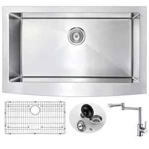 Anzzi ELYSIAN Farmhouse Stainless Steel 36 in. 0-Hole Kitchen Sink and Faucet Set with Manis Faucet in Polished Chrome