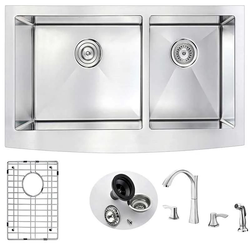 Anzzi ELYSIAN Farmhouse Stainless Steel 36 in. 0-Hole Kitchen Sink and Faucet Set with Soave Faucet in Brushed Nickel