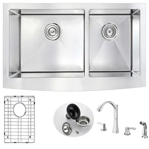 Anzzi ELYSIAN Farmhouse Stainless Steel 36 in. 0-Hole Kitchen Sink and Faucet Set with Soave Faucet in Brushed Nickel