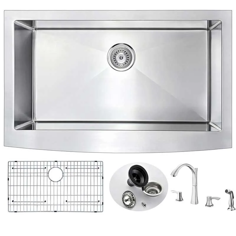 Anzzi ELYSIAN Farmhouse Stainless Steel 36 in. 0-Hole Kitchen Sink and Faucet Set with Soave Faucet in Polished Chrome