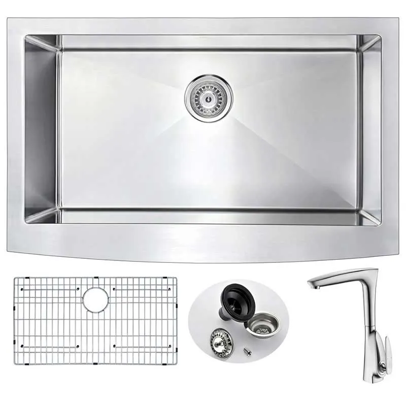 Anzzi ELYSIAN Farmhouse Stainless Steel 36 in. 0-Hole Kitchen Sink and Faucet Set with Timbre Faucet in Brushed Nickel