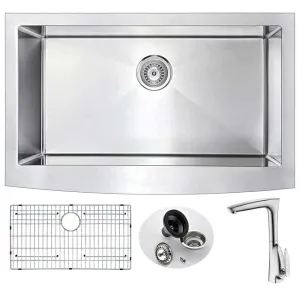 Anzzi ELYSIAN Farmhouse Stainless Steel 36 in. 0-Hole Kitchen Sink and Faucet Set with Timbre Faucet in Brushed Nickel