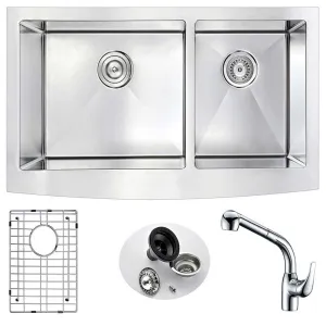 Anzzi ELYSIAN Farmhouse Stainless Steel 36 in. Double Bowl Kitchen Sink and Faucet Set with Harbour Faucet in Polished Chrome