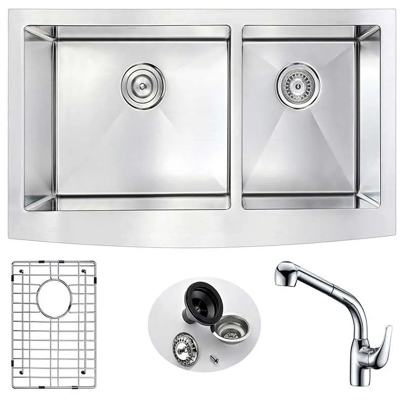Anzzi ELYSIAN Farmhouse Stainless Steel 36 in. Double Bowl Kitchen Sink and Faucet Set with Harbour Faucet in Polished Chrome