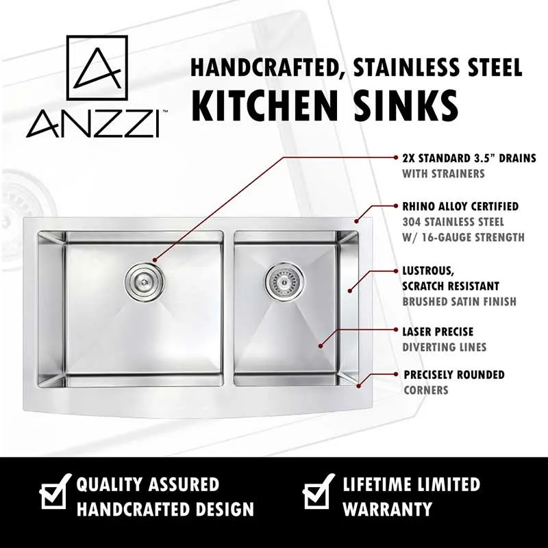 Anzzi ELYSIAN Farmhouse Stainless Steel 36 in. Double Bowl Kitchen Sink and Faucet Set with Manis Faucet in Polished Chrome