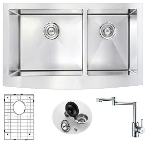 Anzzi ELYSIAN Farmhouse Stainless Steel 36 in. Double Bowl Kitchen Sink and Faucet Set with Manis Faucet in Polished Chrome