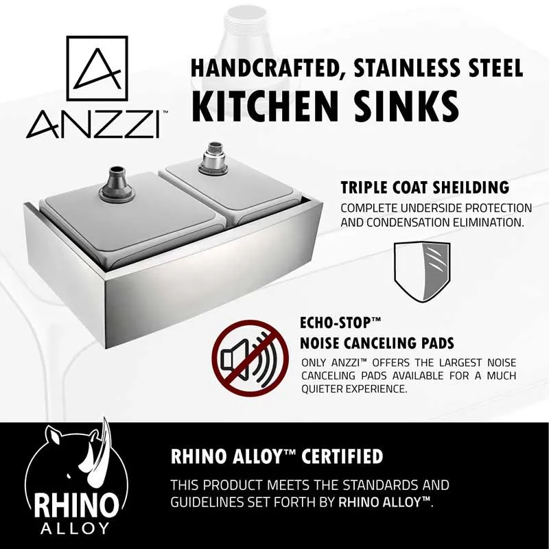 Anzzi ELYSIAN Farmhouse Stainless Steel 36 in. Double Bowl Kitchen Sink and Faucet Set with Manis Faucet in Polished Chrome