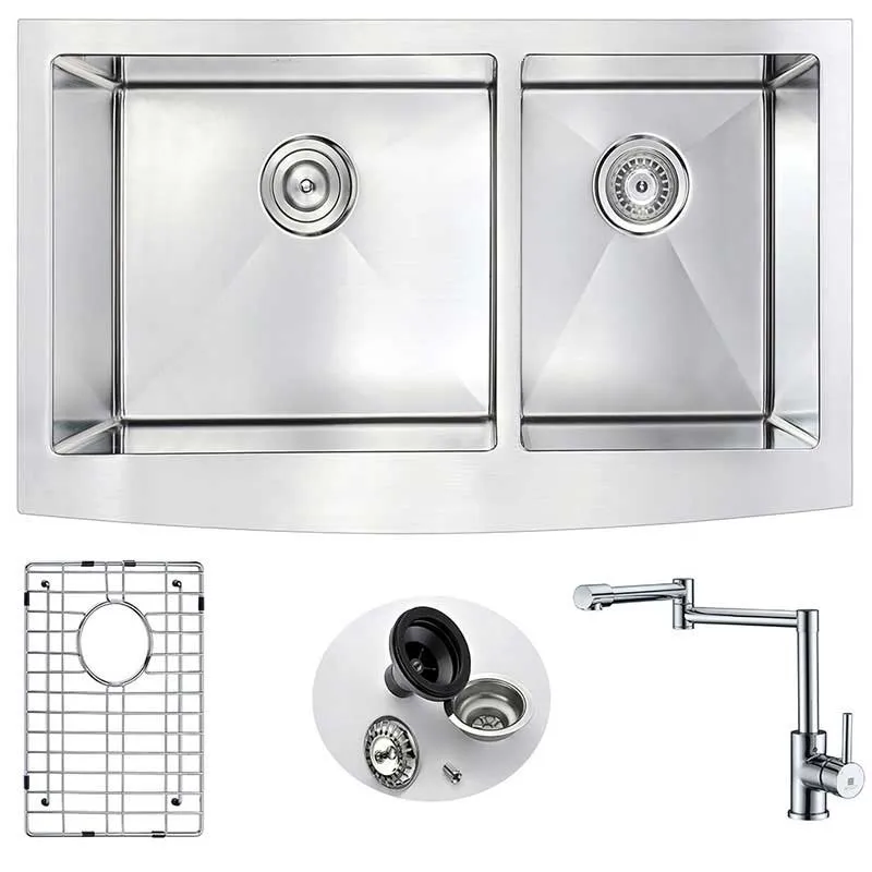 Anzzi ELYSIAN Farmhouse Stainless Steel 36 in. Double Bowl Kitchen Sink and Faucet Set with Manis Faucet in Polished Chrome