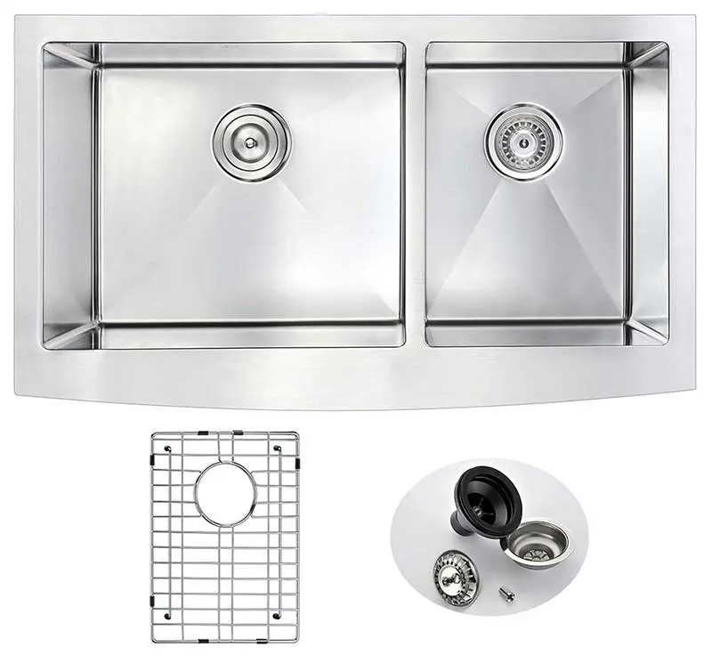 Anzzi ELYSIAN Farmhouse Stainless Steel 36 in. Double Bowl Kitchen Sink and Faucet Set with Manis Faucet in Polished Chrome