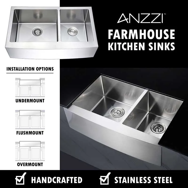 Anzzi ELYSIAN Farmhouse Stainless Steel 36 in. Double Bowl Kitchen Sink and Faucet Set with Manis Faucet in Polished Chrome