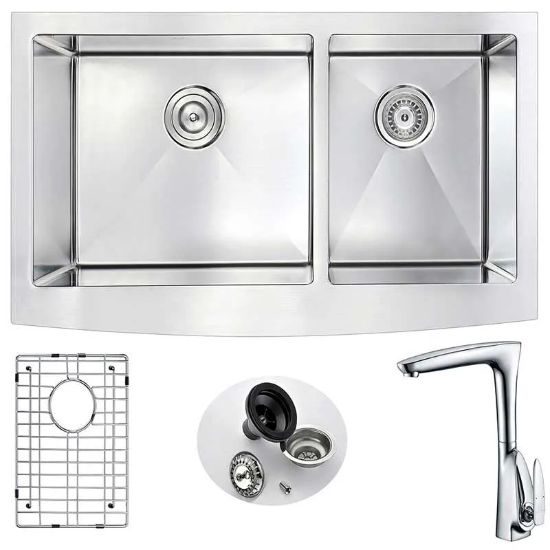 Anzzi ELYSIAN Farmhouse Stainless Steel 36 in. Double Bowl Kitchen Sink and Faucet Set with Timbre Faucet in Polished Chrome