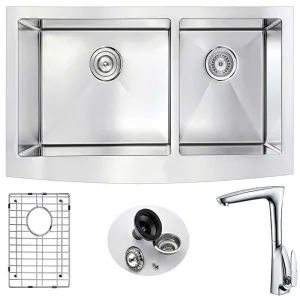 Anzzi ELYSIAN Farmhouse Stainless Steel 36 in. Double Bowl Kitchen Sink and Faucet Set with Timbre Faucet in Polished Chrome