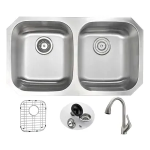 Anzzi MOORE Undermount Stainless Steel 32 in. Double Bowl Kitchen Sink and Faucet Set with Accent Faucet in Brushed Nickel