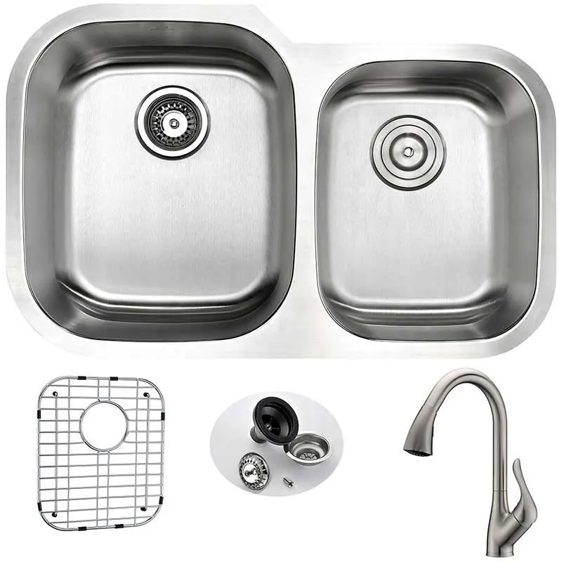 Anzzi MOORE Undermount Stainless Steel 32 in. Double Bowl Kitchen Sink and Faucet Set with Accent Faucet in Brushed Nickel