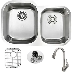 Anzzi MOORE Undermount Stainless Steel 32 in. Double Bowl Kitchen Sink and Faucet Set with Accent Faucet in Brushed Nickel
