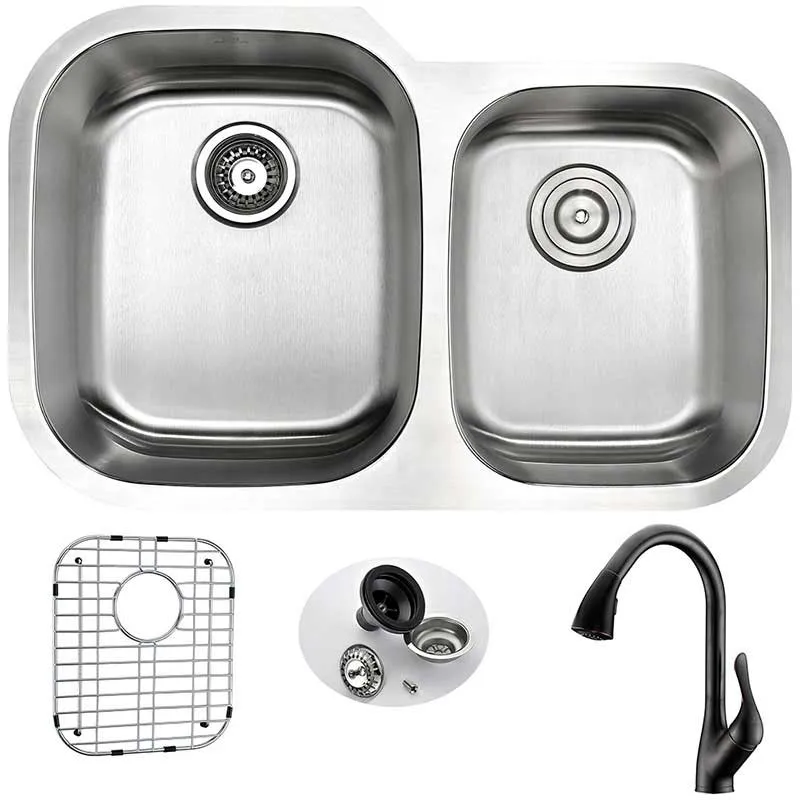 Anzzi MOORE Undermount Stainless Steel 32 in. Double Bowl Kitchen Sink and Faucet Set with Accent Faucet in Oil Rubbed Bronze