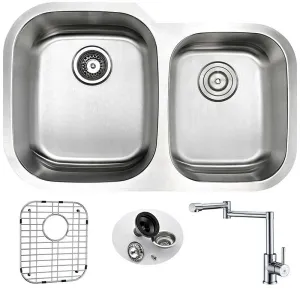 Anzzi MOORE Undermount Stainless Steel 32 in. Double Bowl Kitchen Sink and Faucet Set with Manis Faucet in Polished Chrome