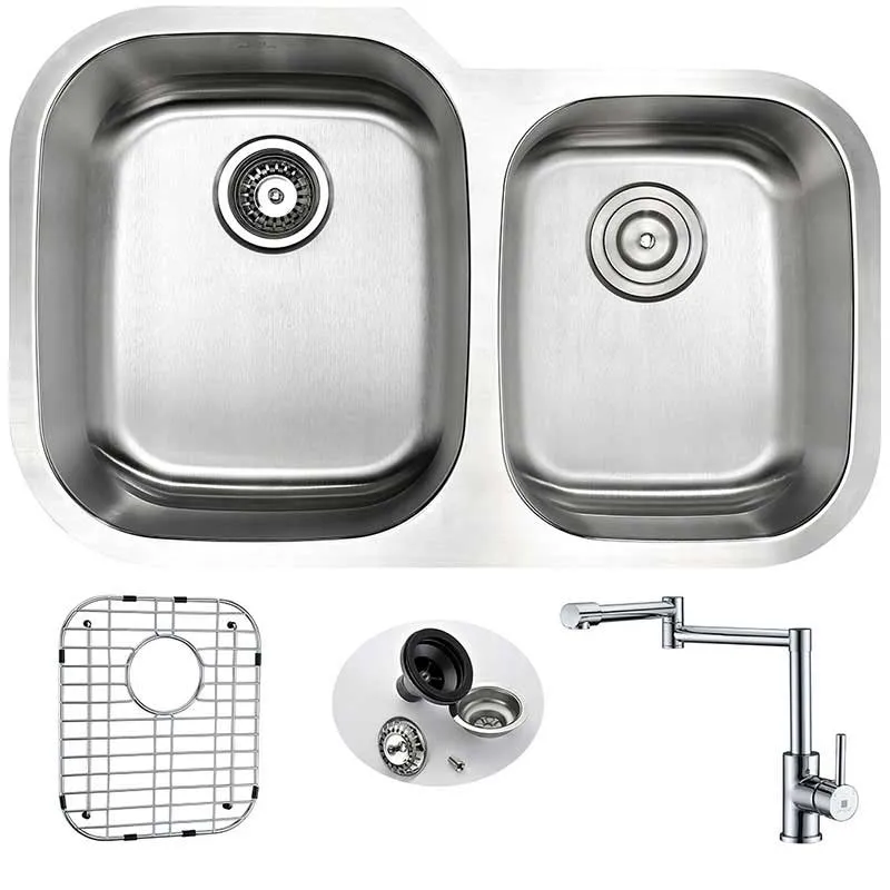 Anzzi MOORE Undermount Stainless Steel 32 in. Double Bowl Kitchen Sink and Faucet Set with Manis Faucet in Polished Chrome