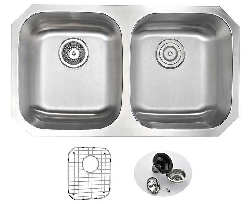 Anzzi MOORE Undermount Stainless Steel 32 in. Double Bowl Kitchen Sink and Faucet Set with Opus Faucet in Brushed Nickel