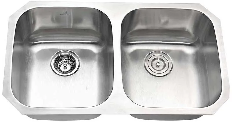 Anzzi MOORE Undermount Stainless Steel 32 in. Double Bowl Kitchen Sink and Faucet Set with Opus Faucet in Brushed Nickel