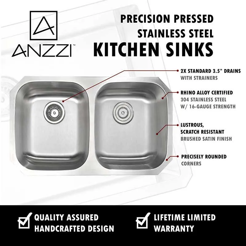 Anzzi MOORE Undermount Stainless Steel 32 in. Double Bowl Kitchen Sink and Faucet Set with Opus Faucet in Brushed Nickel