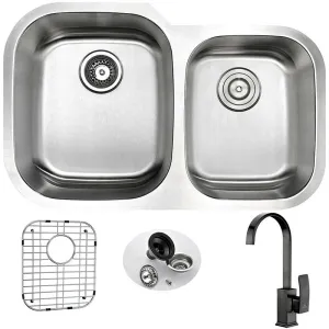 Anzzi MOORE Undermount Stainless Steel 32 in. Double Bowl Kitchen Sink and Faucet Set with Opus Faucet in Oil Rubbed Bronze
