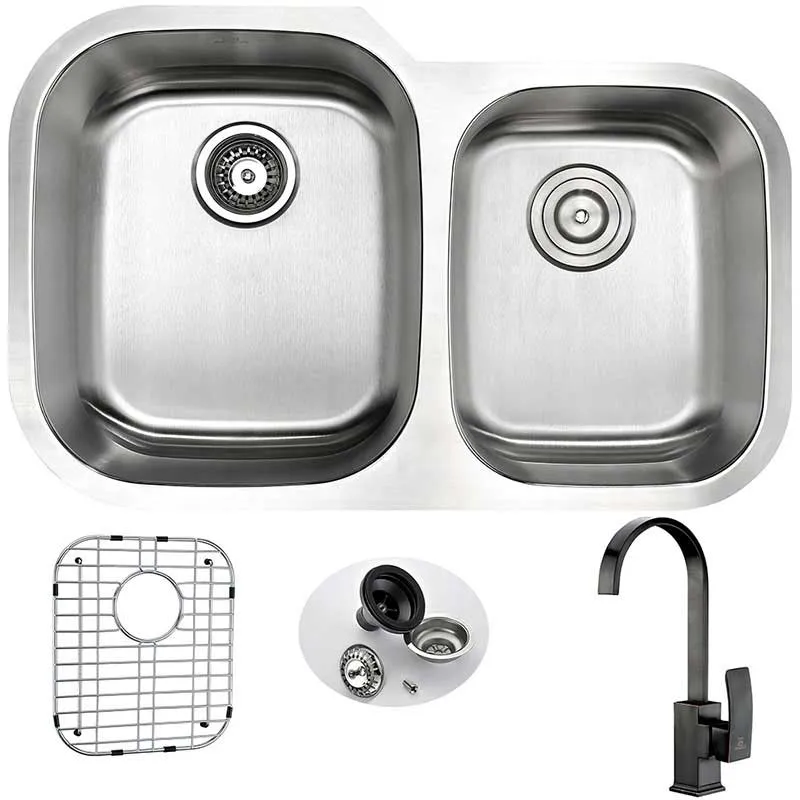 Anzzi MOORE Undermount Stainless Steel 32 in. Double Bowl Kitchen Sink and Faucet Set with Opus Faucet in Oil Rubbed Bronze